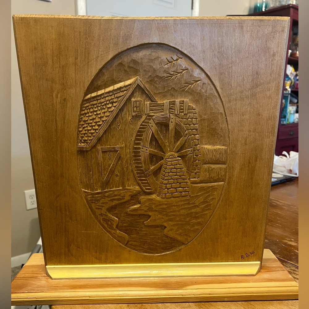 Vintage Dual Sided Wood Carving Covered Bridge Picture